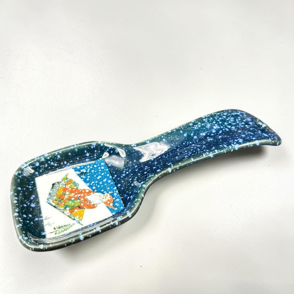 Vintage Otagiri Japan Santa Claus Sledding Blue Speckled Ceramic Spoon Rest 9in